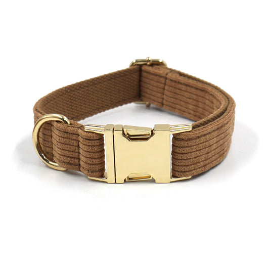 Brown corduroy pet harness with gold-colored metal quick-release buckle and D-rings, shown on a white background. - Image 13