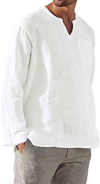 Camisa de Lino Casual para Hombre con Cuello en V y Manga Larga