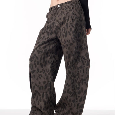 Pantalones Jeans Leopardo Retro Mujer Cintura Alta Pierna Ancha