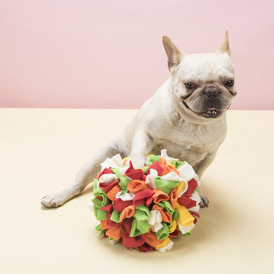 Red, yellow, and orange polar fleece snuffle ball pet toy for chewing and enrichment. - Image 7