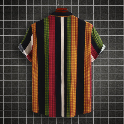Camisa Étnica de Cuello Mao Rayas Algodón-Lino Manga Corta - Image 9