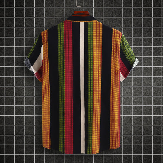 Camisa Étnica de Cuello Mao Rayas Algodón-Lino Manga Corta - Image 9