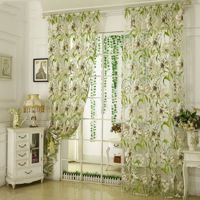 White sheer curtains with a green and beige floral pattern, hanging on a rod in a bright room. - Image 5