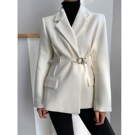 Blazer de Lana Blanco Mujer Corte Holgado Diseño Nicho Temperamento Sofisticado