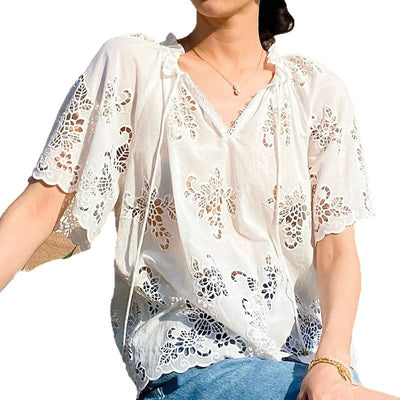 Blusa Blanca Estilo Francés con Encaje Bordado y Manga Corta - Image 5