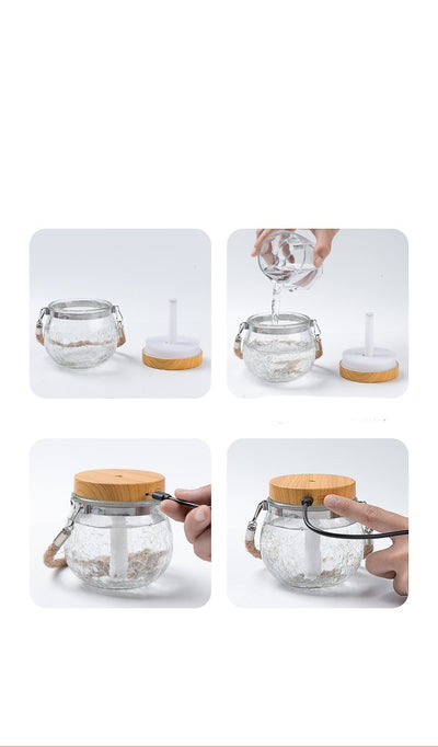 Desktop humidifier with a clear, crackled glass base, white lid, and a brown rope handle. - Image 9