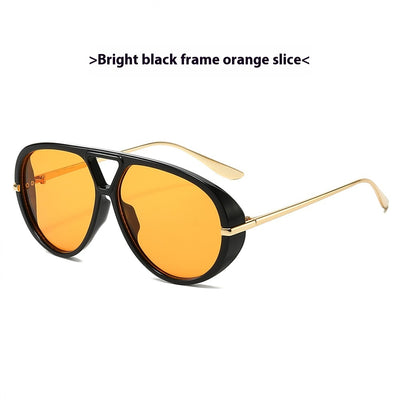Retro aviator sunglasses with bright black frames, vibrant orange lenses, and sleek gold-colored metal temples. - Image 9