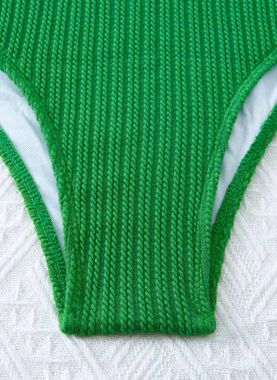 Green textured knit two-piece swimsuit with a square-neck crop top and high-waisted bottoms, featuring tie-shoulder straps. - Image 17