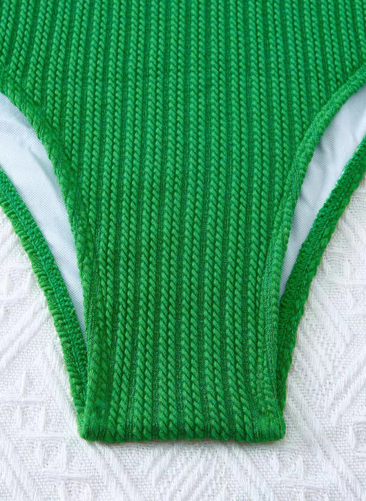 Green textured knit two-piece swimsuit with a square-neck crop top and high-waisted bottoms, featuring tie-shoulder straps. - Image 17