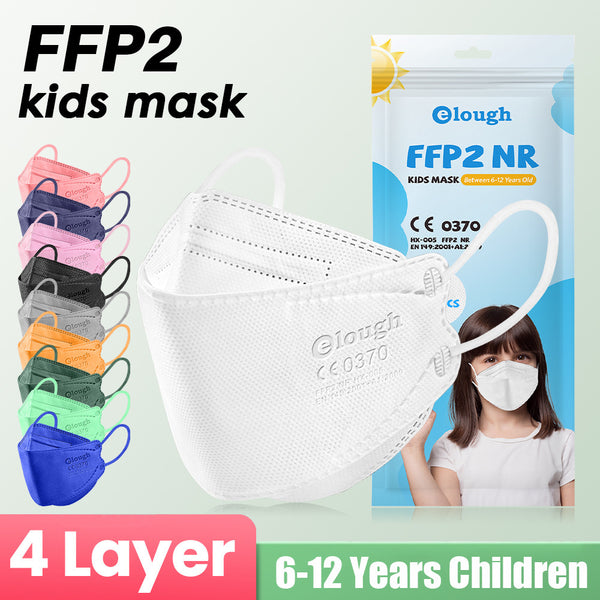 Black FFP2 kids mask with ear loops, shown next to its packaging for a 10-piece pack.