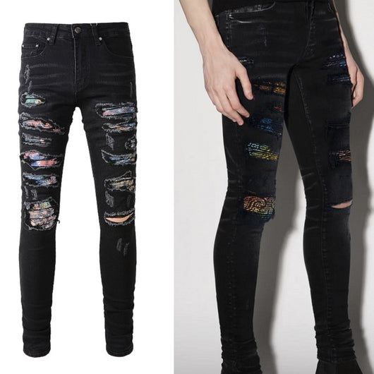 Jeans Rotos Elásticos para Hombre con Parches y Estampado Minimalista