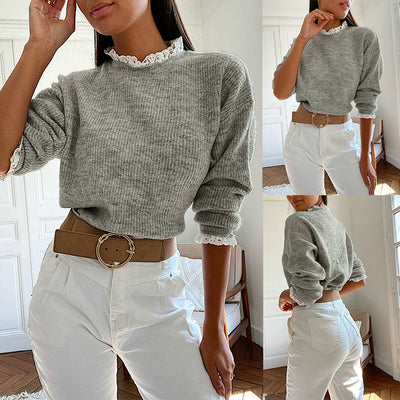 Blusa Gris de Encaje Floral con Cuello Redondo y Mangas Largas - Image 7