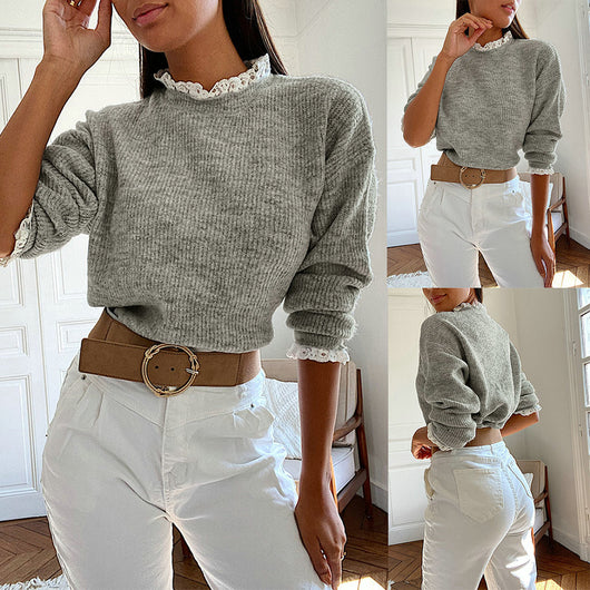 Blusa Gris de Encaje Floral con Cuello Redondo y Mangas Largas - Image 7
