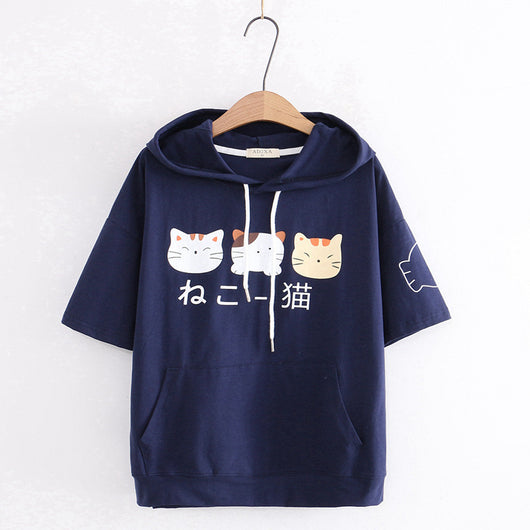 Camiseta Corta con Capucha para Niña - Diseño Gato Cartoon - Image 4