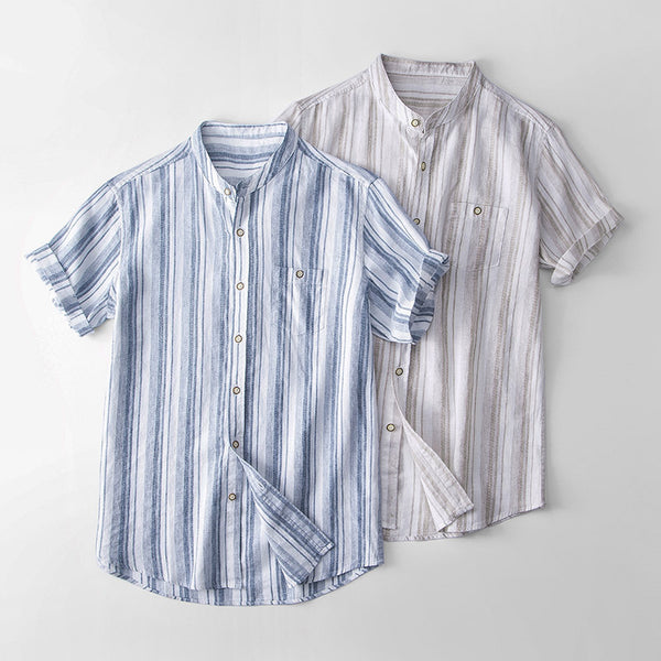 Camisa Retro Estilo Japonés de Lino con Cuello Mao para Hombre