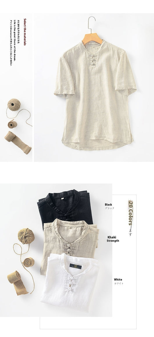 Blusa Lino Cuello Mao Manga Corta Estilo Asiático - Image 17