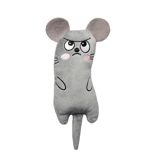 Light blue plush cat toy with embroidered sleepy eyes, pink cheeks, and black body markings. - Image 4