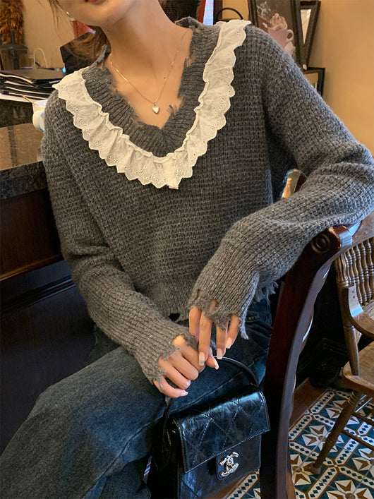 Suéter Tejido Corto con Cuello V y Detalles de Madera Spliceada para Mujer - Image 4