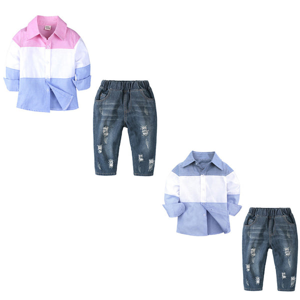 Conjunto Infantil: Camisa Manga Larga + Jeans Rotos para Primavera y Otoño
