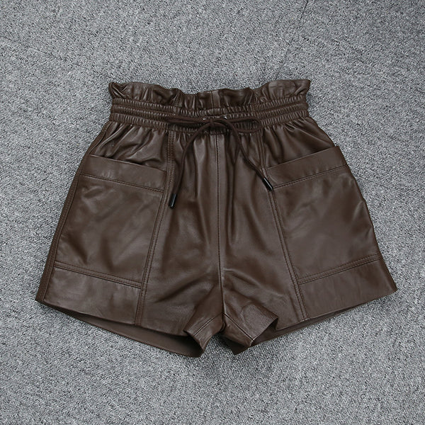 Shorts de Cuero Oveja con Bolsillos de Cordón - Casual Premium