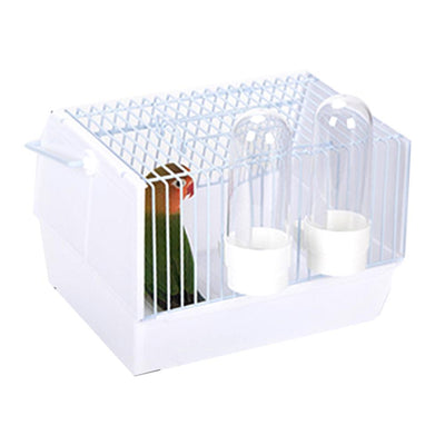 Black and white portable bird cage with two birds perched on top, featuring water and seed feeders. - Image 7