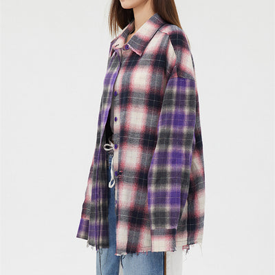 Camisa Cuadriculada Desgarrada con Paneles en Dos Tonos para Mujer - Image 8