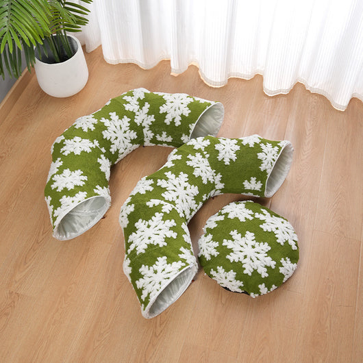 Cama Túnel Navideño para Mascotas con Diseño de Copos de Nieve Verde
