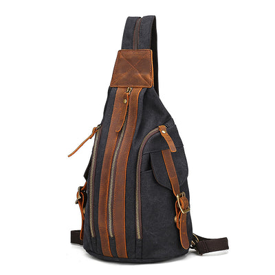 Bolsa de Pecho Retro Cuero Genuino y Lona - Mochila Cruzada Multifuncional para Hombre - Image 10