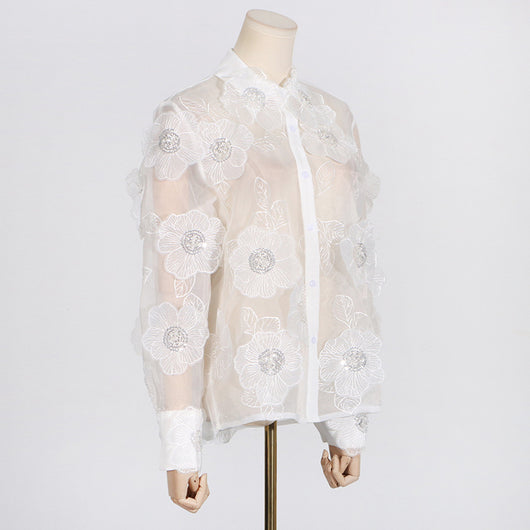 Camisa Polo de Diseño con Bordado 3D, Lentejuelas y Flores Volumétricas - Image 3