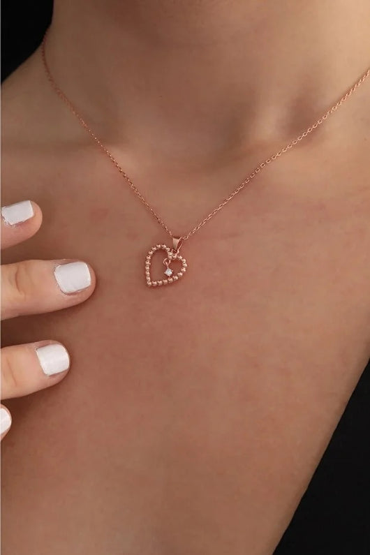 Collar de Plata 925 Corazón Solitario Chapado en Oro Rosa con Circón Blanco - Image 2