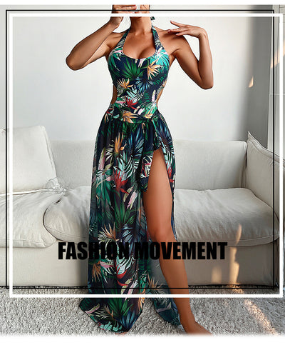 Yellow tropical print three-piece bikini set with halter top, high-waisted bottoms, and long cover-up skirt with high slit. - Image 9