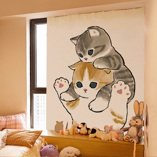 Cute cartoon curtain featuring a grey tabby kitten riding on a brown Shiba Inu puppy, with punch-free Velcro installation. - Image 2