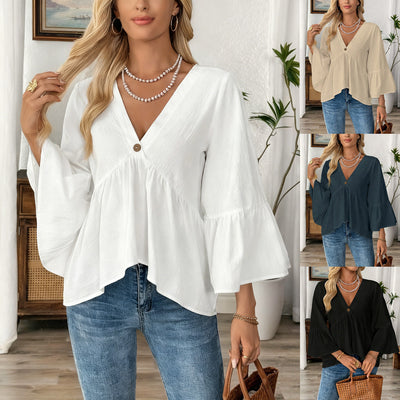 Blusa Cuello V con Mangas Volantes en Colores Sólidos
