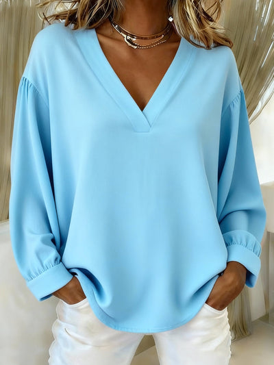 Blusa Casual de Cuello V y Manga Larga en Colores Sólidos - Image 8