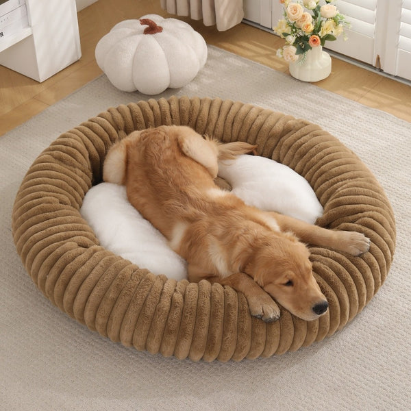 Cama Acolchada Redonda para Mascotas con Diseño de Rayas