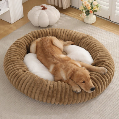 Cama Acolchada Redonda para Mascotas con Diseño de Rayas