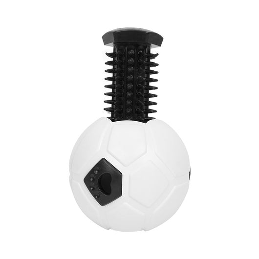 White and black dog toy with a soccer ball base and a textured rod for nibbling and teeth grinding. - Image 9