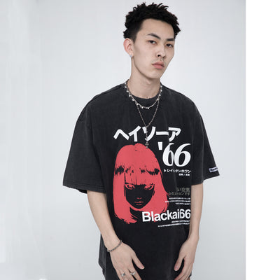 Camiseta Retro Japonesa Estilo Urbano Estampado Desgastado para Hombre - Image 4