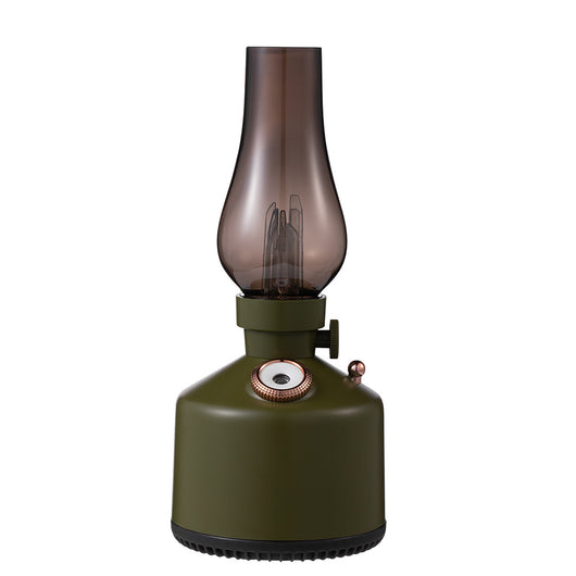Wood grain kerosene lamp air humidifier with a clear glass-like top and a white light element, featuring a gold control knob. - Image 13