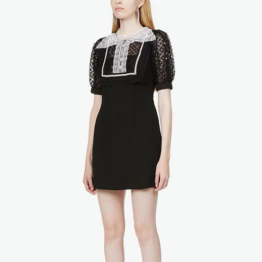 Vestido Slim con Encaje de Malla y Manga Abullonada Brillante - Image 8