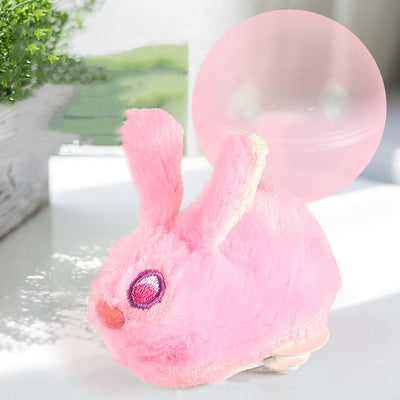 Beige plush simulated hamster cat toy with pink ears and a small tail, next to a translucent pink rolling ball. - Image 4