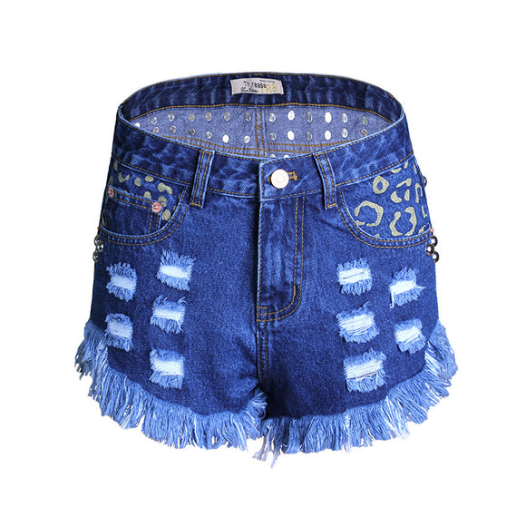 Shorts Denim Rotos Cintura Alta con Remaches y Estampado
