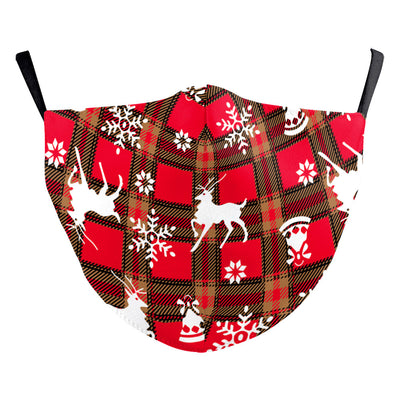 Christmas dust mask with a digital print of red, purple, and gold bokeh lights and white snowflakes, featuring ear hooks. - Image 31