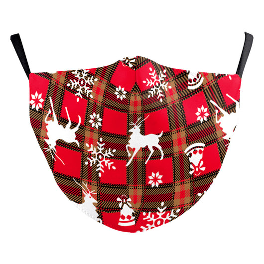 Christmas dust mask with a digital print of red, purple, and gold bokeh lights and white snowflakes, featuring ear hooks. - Image 31