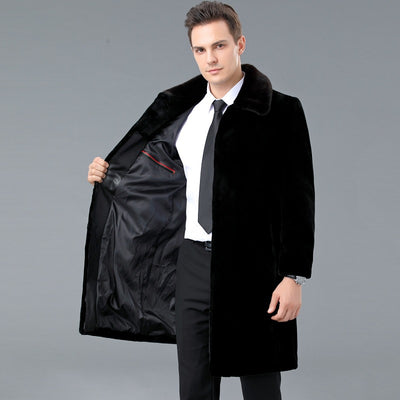 Abrigo de Cuero para Hombre Largo Hasta la Rodilla con Detalles de Piel de Cordero - Image 9