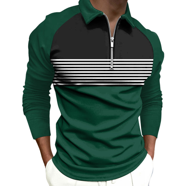 Polo Raglan de Rayas Negras con Cierre y Cuello Solapa Manga Larga para Hombre