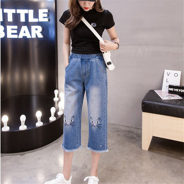Pantalón Capri Talle Alto Holgado con Estampado de Gatos - Estilo Europeo Americano