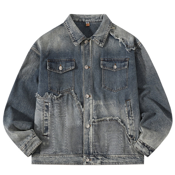 Chaqueta Denim Vintage Destruida Estilo Retro Americano