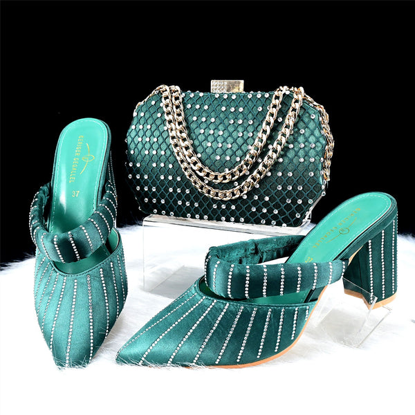 Zapatos de Tacón Verde Grueso 8CM Punta Afilada - Bolso Multiuso Elegante para Diario, Fiesta y Cena