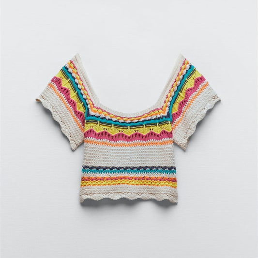 Blusa Tejida Colorblock a Rayas con Mangas Cortas Caladas - Image 2